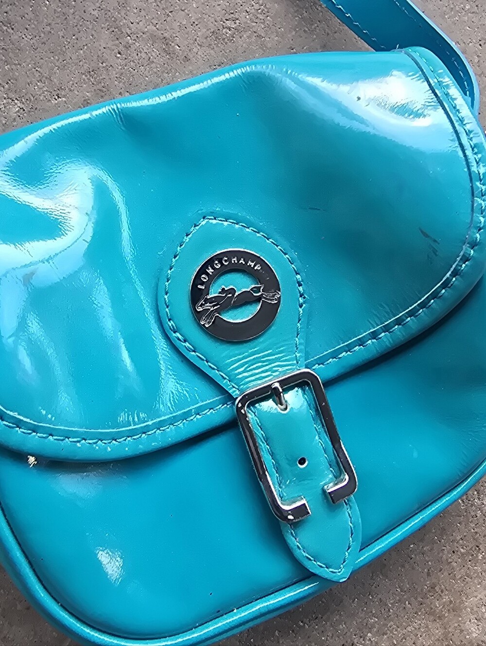 Vintage Longchamp Crossbody Bag Teal Buckle Patent Leather Bag - Picture 3 of 7